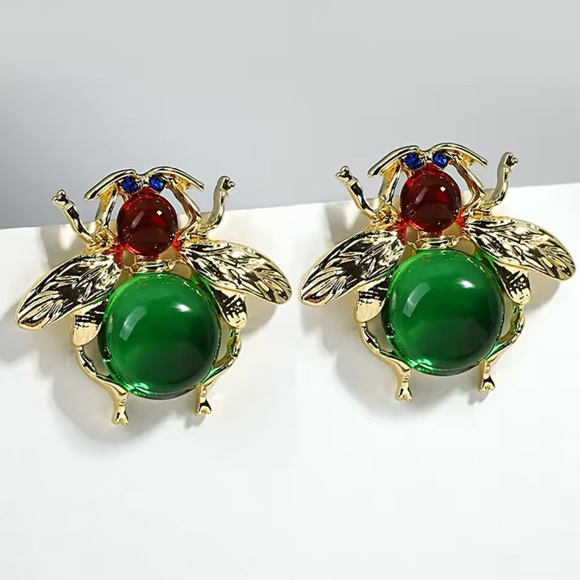 Vintage Green Blue Bee Earrings for Women Unique Retro Animal Insects Earrings - Picture 3 of 3